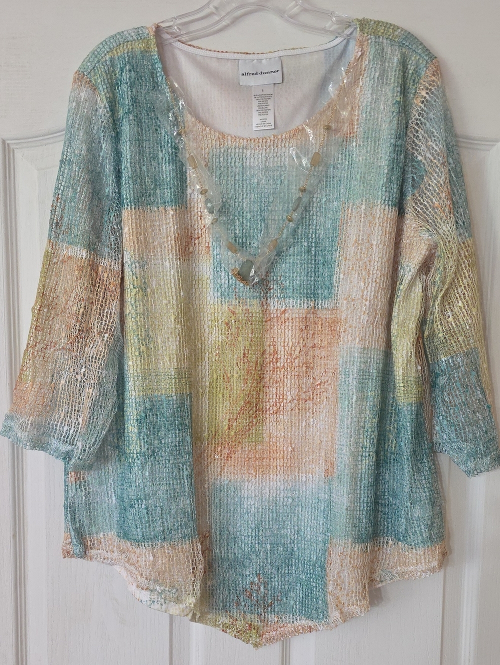 Alfred Dunner Pastel Patchwork Knit Scoop Neck Top - Mint & Peach